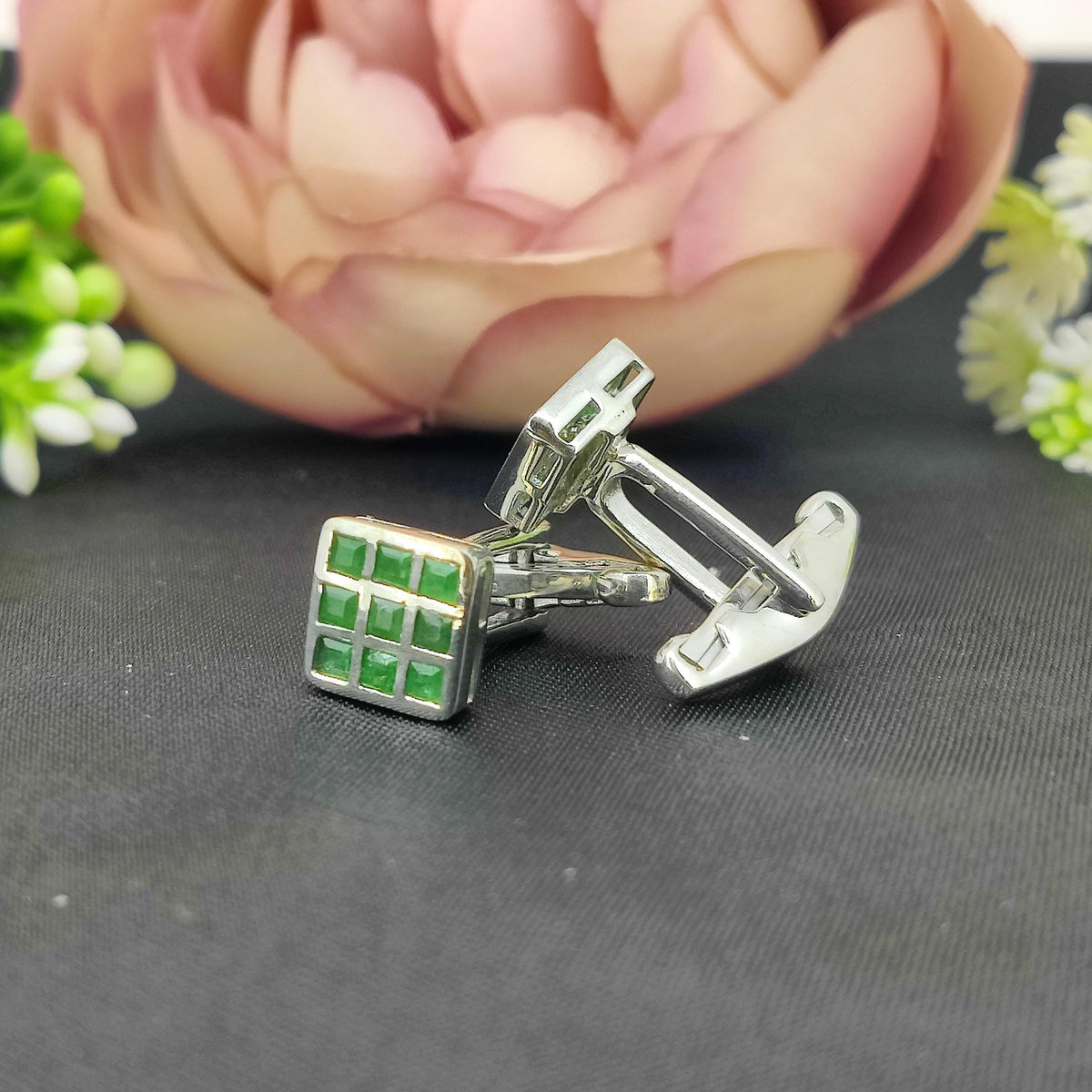 Natural Emerald Gemstone Cufflinks-Sterling Silver-May Birthstone Jewelry-Men's Formal Wear-Gift for him