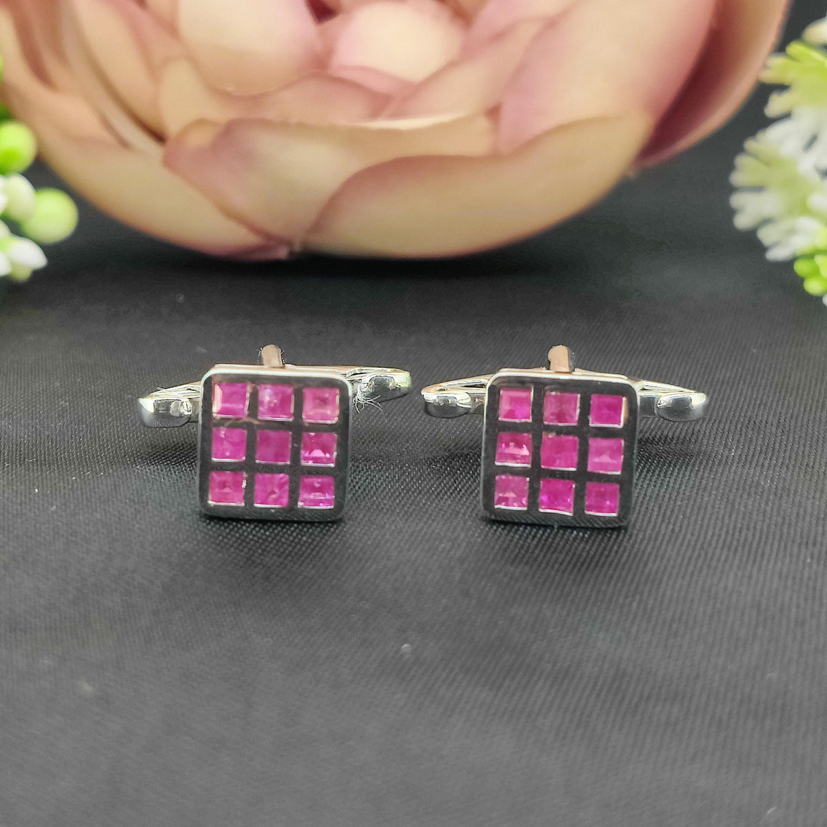 Natural Ruby Cufflinks-925 Sterling Silver Jewelry-Square Cufflinks-July Birthstone-Formal Wear Men's Accessories-Gift for him