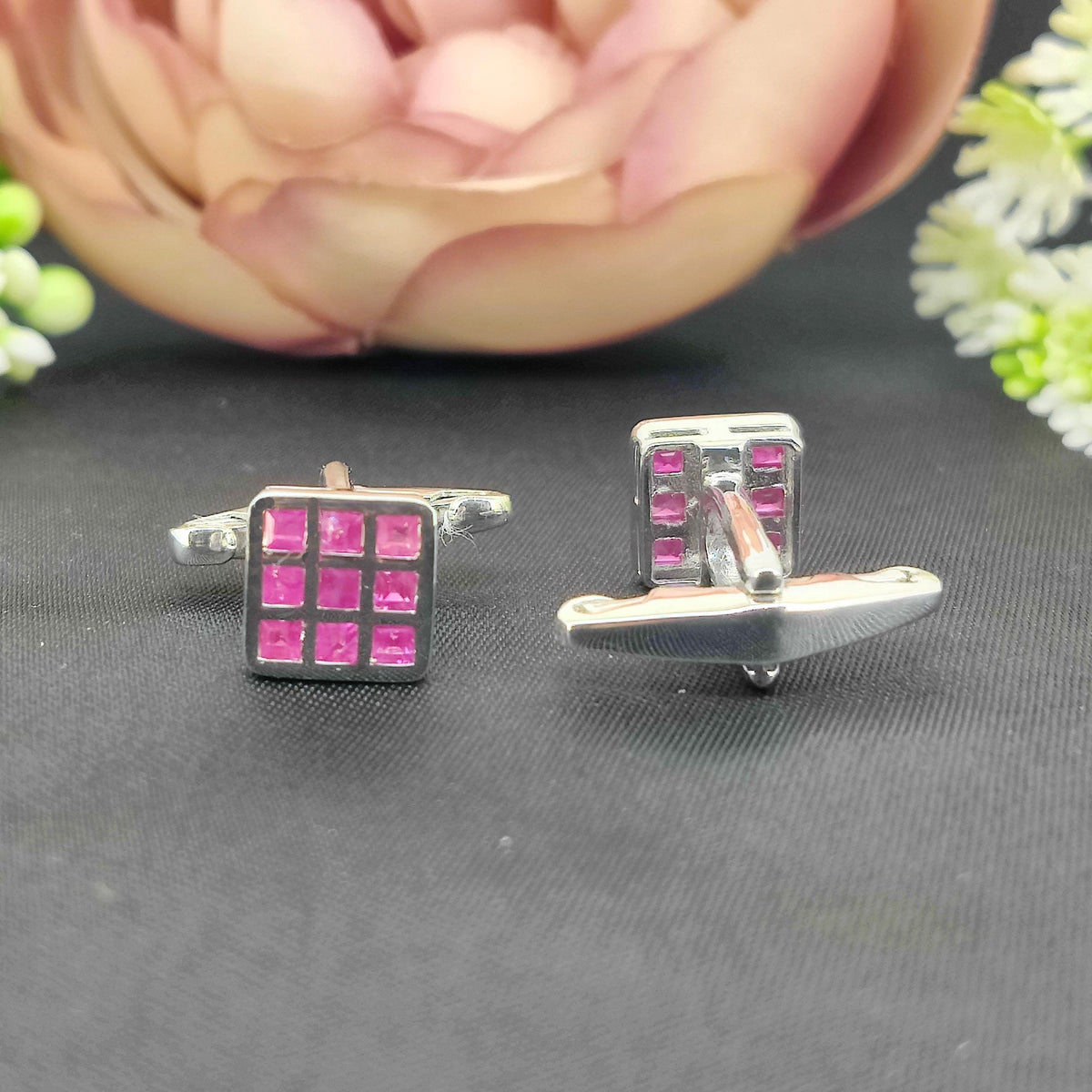 Natural Ruby Cufflinks-925 Sterling Silver Jewelry-Square Cufflinks-July Birthstone-Formal Wear Men's Accessories-Gift for him