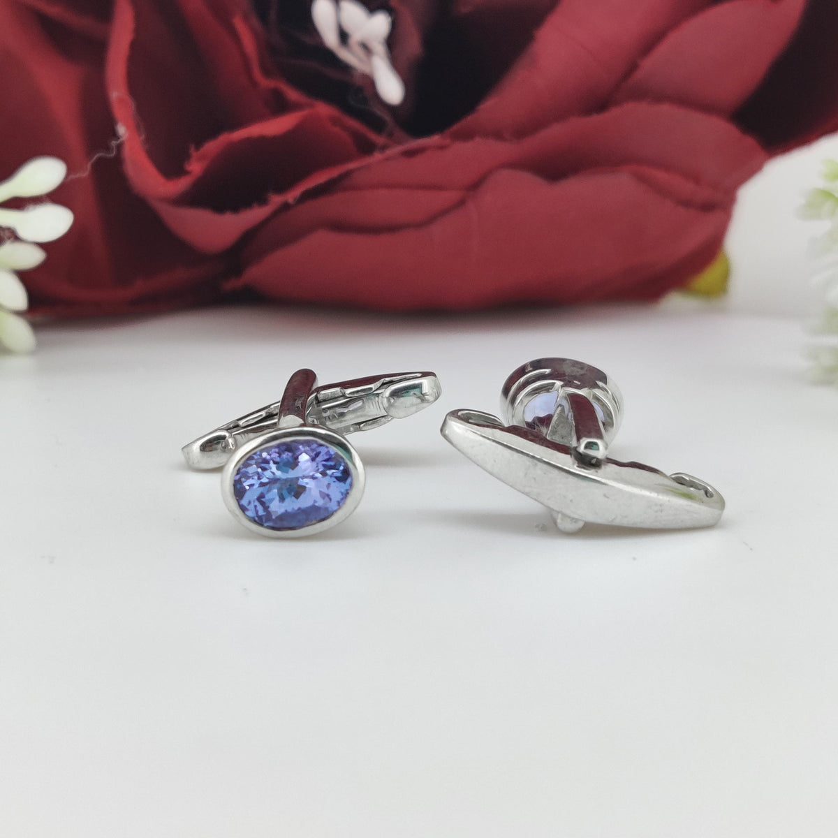 Natural Tanzanite Cufflinks-925 Sterling Silver-Oval Gemstone-December Birthstone Cufflinks-Blue Tanzanite Jewelry-Men's Accessories Gift