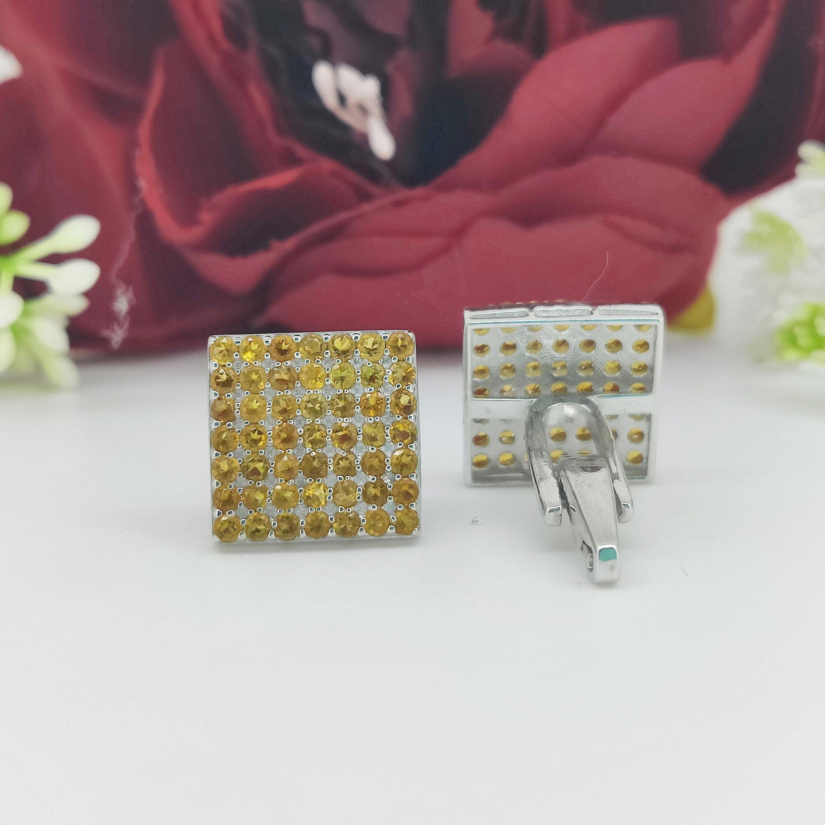Sterling Silver Citrine Cufflinks, November Birthstone, Round Gemstone Men's Formal Wear