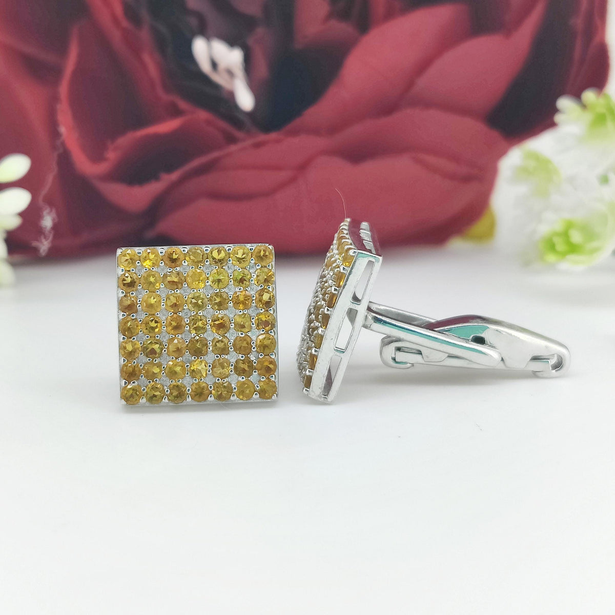 Sterling Silver Citrine Cufflinks, November Birthstone, Round Gemstone Men's Formal Wear