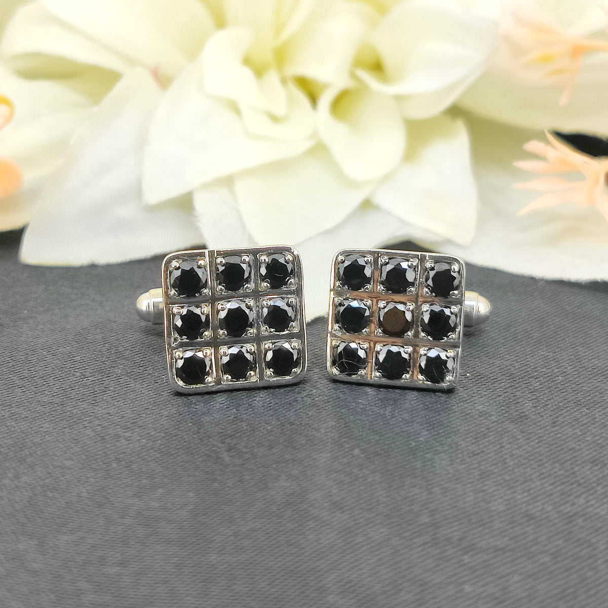 Sterling Silver Black CZ Cufflinks, Square Cut Men's Tuxedo Jewelry, April Birthstone Accessories