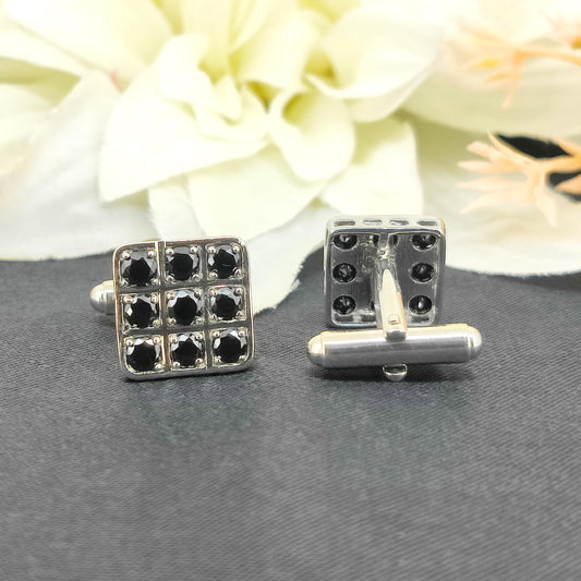 Sterling Silver Black CZ Cufflinks, Square Cut Men's Tuxedo Jewelry, April Birthstone Accessories