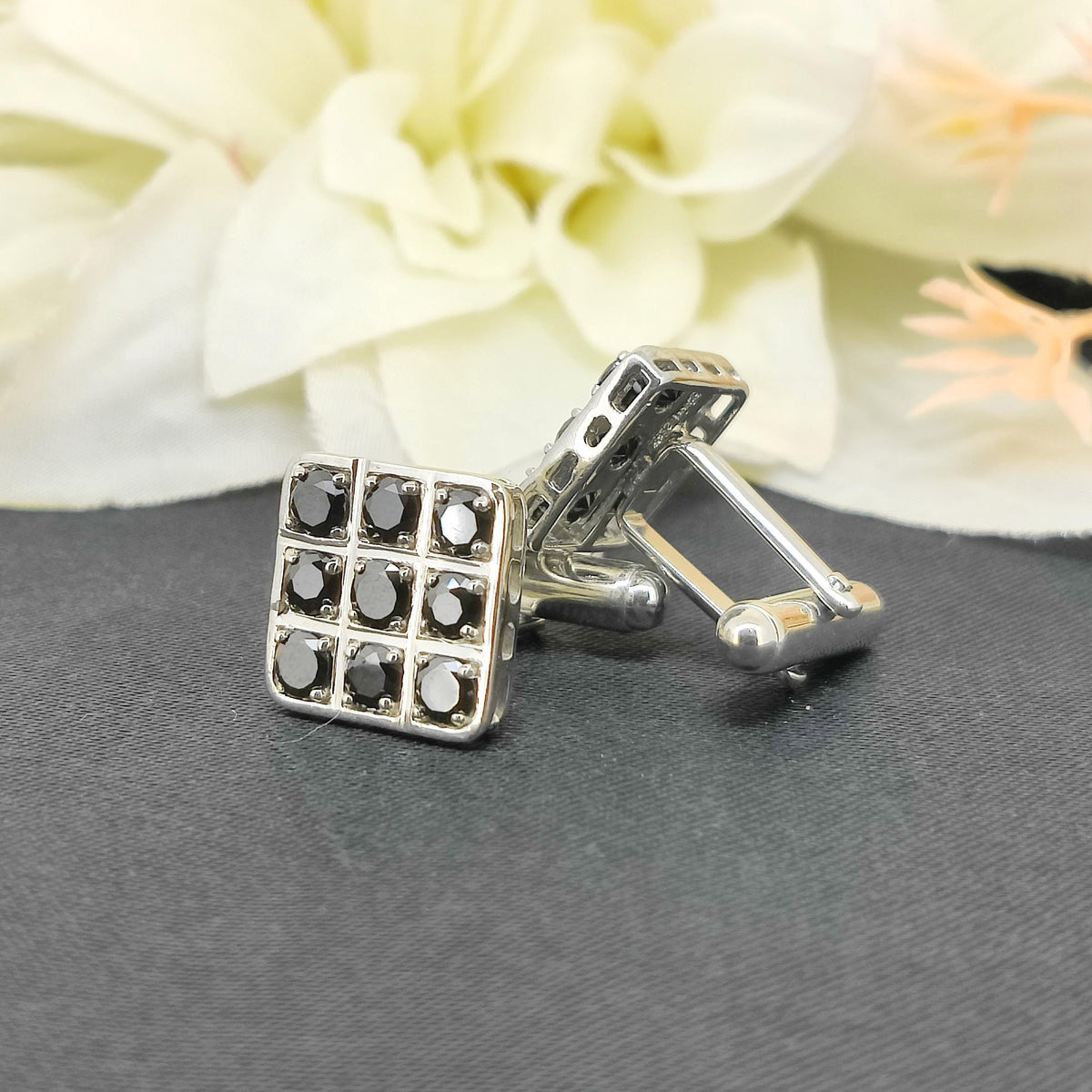 Sterling Silver Black CZ Cufflinks, Square Cut Men's Tuxedo Jewelry, April Birthstone Accessories