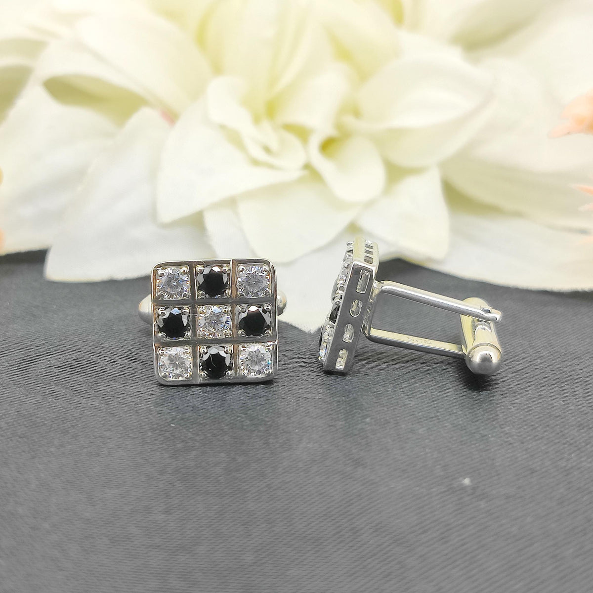 Cubic Zircon Cufflinks-925 Sterling Silver Jewelry-Black & White Zircon-Square Cut Cufflinks-April Birthstone-Formal Wear Men's Accessories