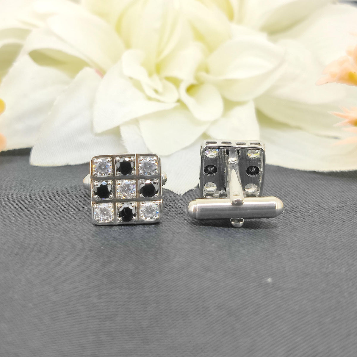 Cubic Zircon Cufflinks-925 Sterling Silver Jewelry-Black & White Zircon-Square Cut Cufflinks-April Birthstone-Formal Wear Men's Accessories