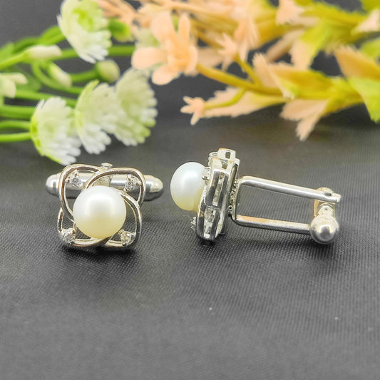 White Pearl Cufflinks-925 Sterling Silver Jewelry-June Birthstone-Cubic Zircon Star Cufflinks-Minimalist Handmade Jewelry-Anniversary Gift