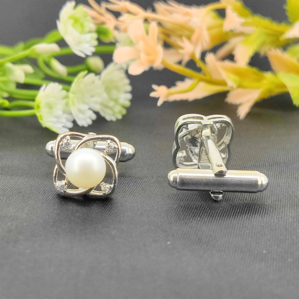 White Pearl Cufflinks-925 Sterling Silver Jewelry-June Birthstone-Cubic Zircon Star Cufflinks-Minimalist Handmade Jewelry-Anniversary Gift