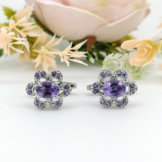 Purple Amethyst Oval Gemstone Cufflinks, 925 Sterling Silver, February Birthstone Jewelry