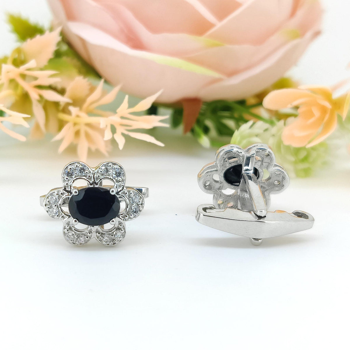 Oval Black Onyx Sterling Silver Earrings, Zircon Flower Cluster Jewelry, July Birthstone Gift