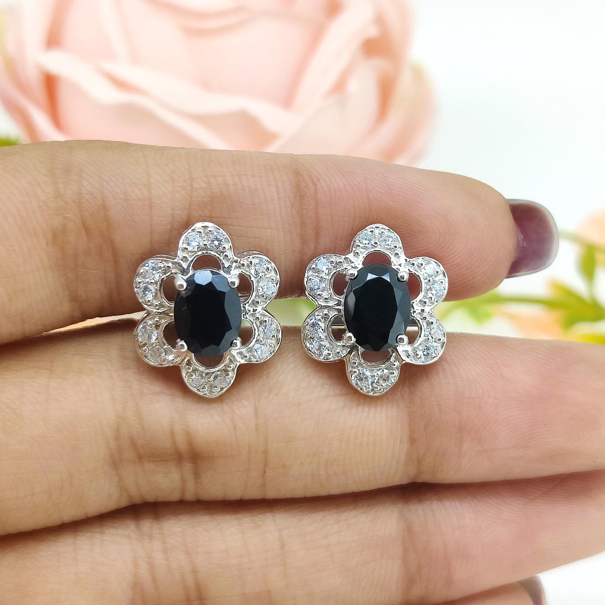 Oval Black Onyx Sterling Silver Earrings, Zircon Flower Cluster Jewelry, July Birthstone Gift