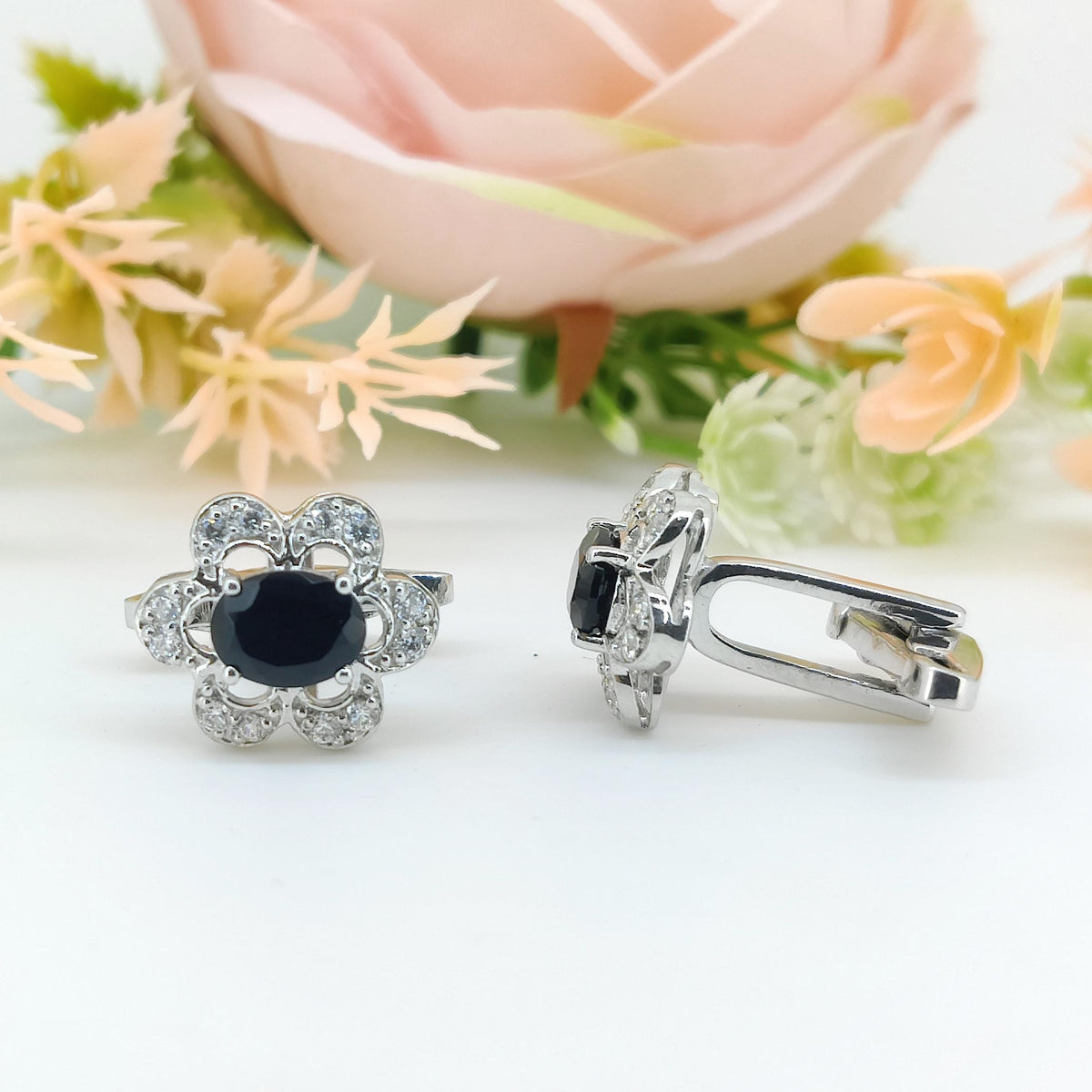 Oval Black Onyx Sterling Silver Earrings, Zircon Flower Cluster Jewelry, July Birthstone Gift