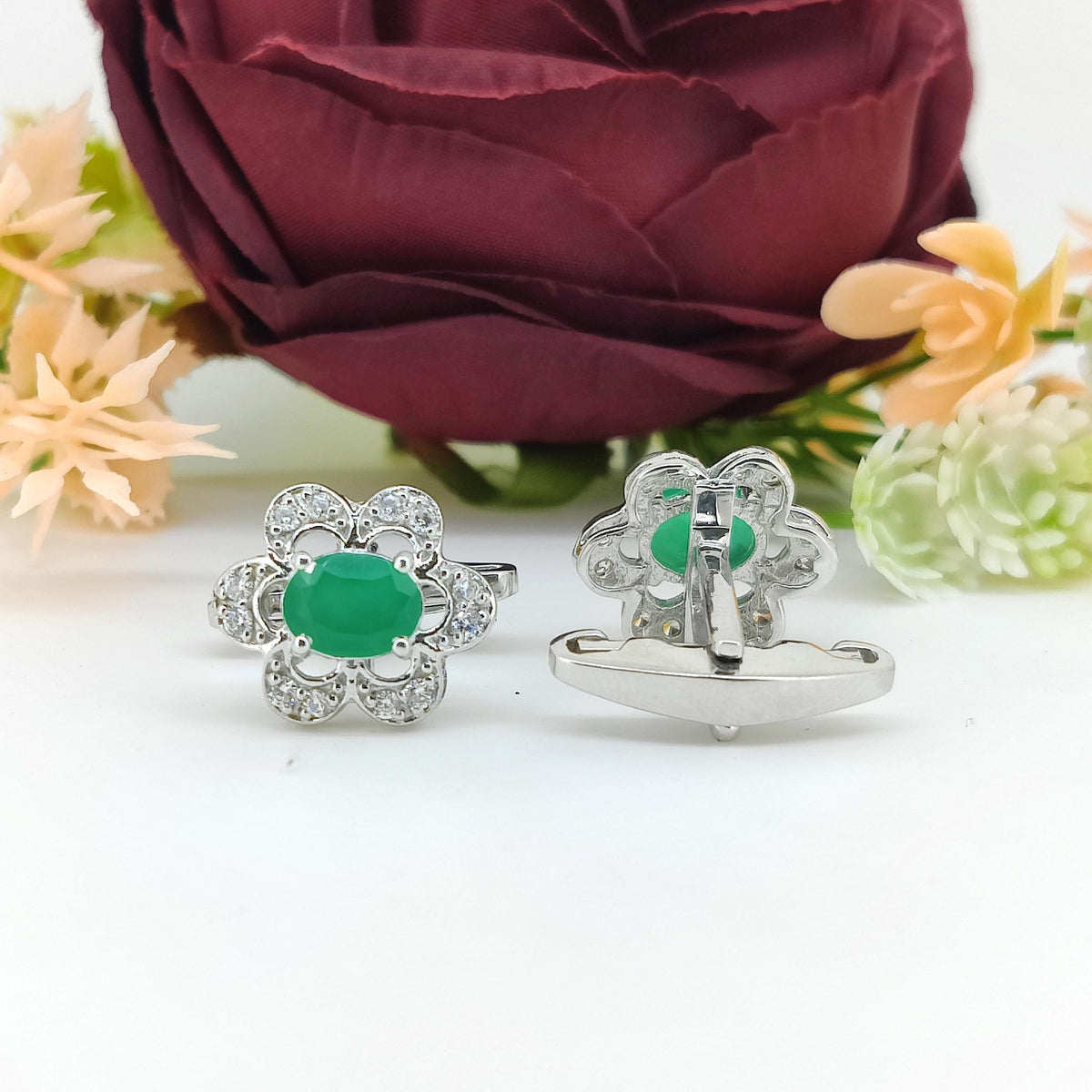 Oval Green Onyx Cufflinks, Sterling Silver, May Birthstone Jewelry, Formal Wear Gift