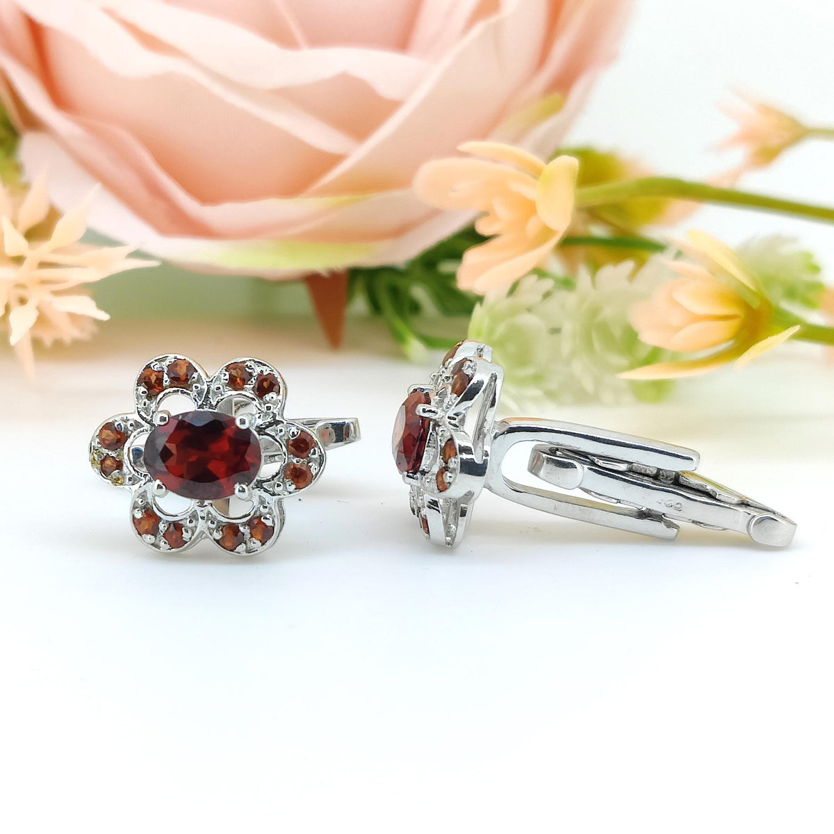 Red Garnet Flower Cufflinks, Sterling Silver January Birthstone Jewelry