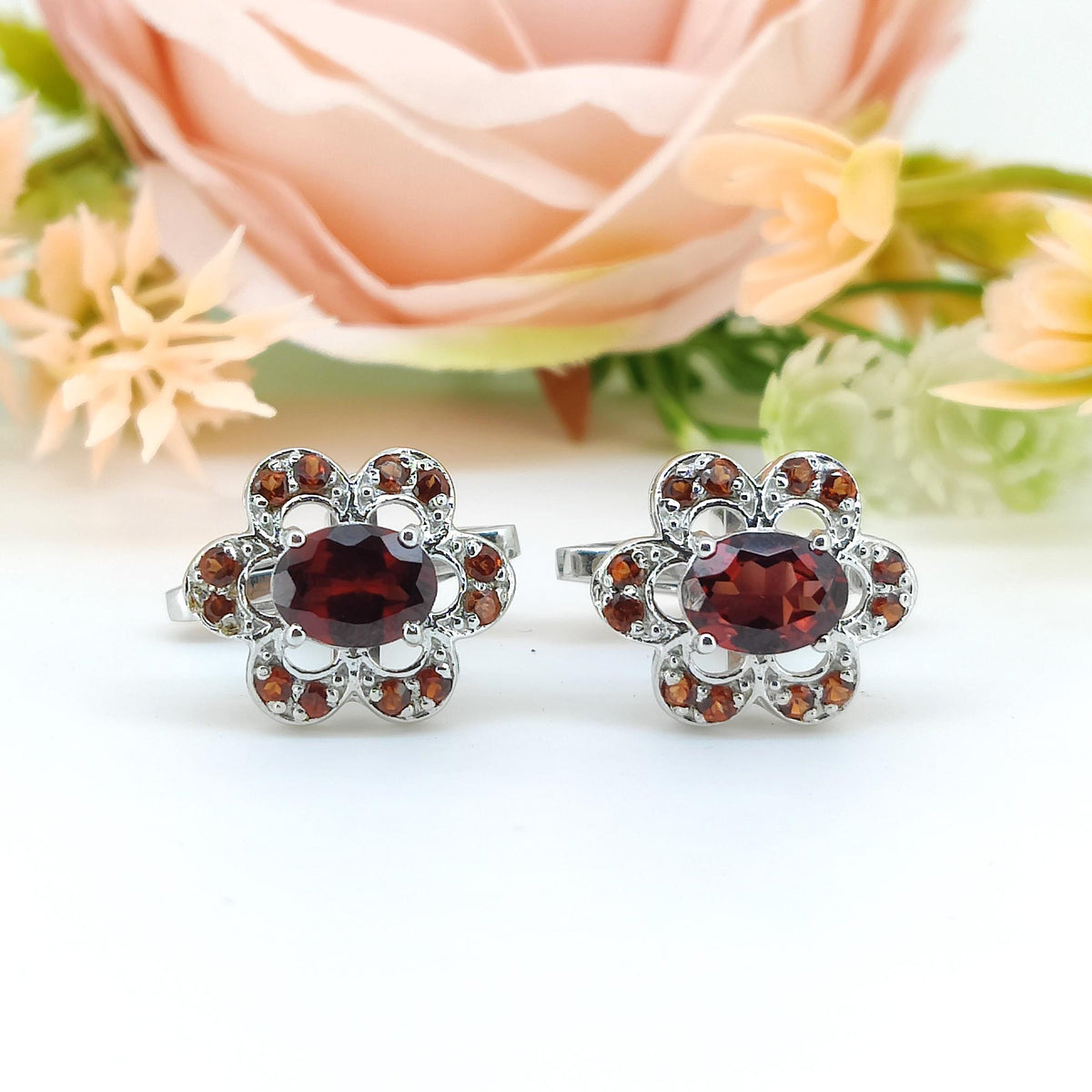 Red Garnet Flower Cufflinks, Sterling Silver January Birthstone Jewelry