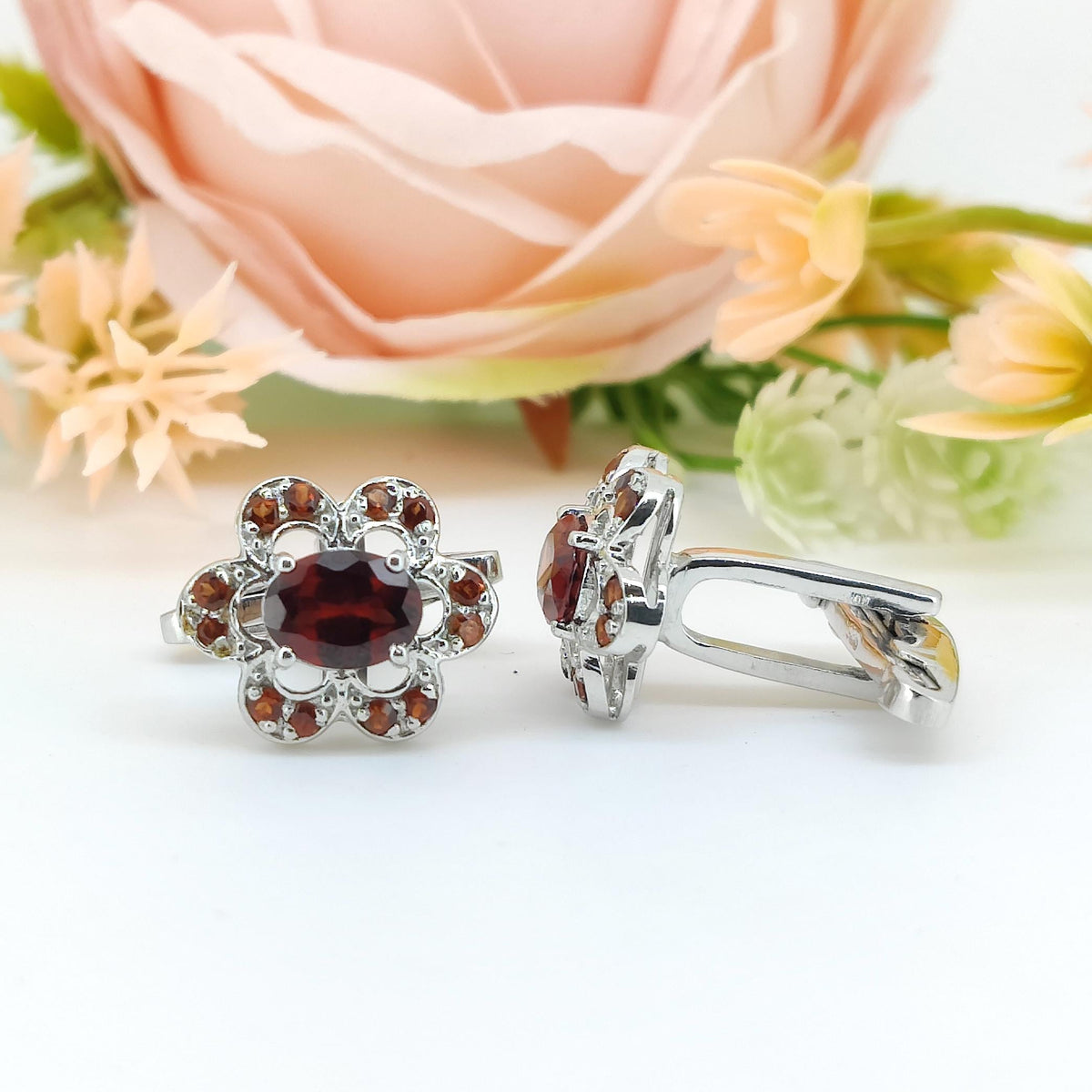 Red Garnet Flower Cufflinks, Sterling Silver January Birthstone Jewelry