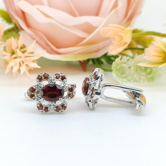 Red Garnet Flower Cufflinks, Sterling Silver January Birthstone Jewelry