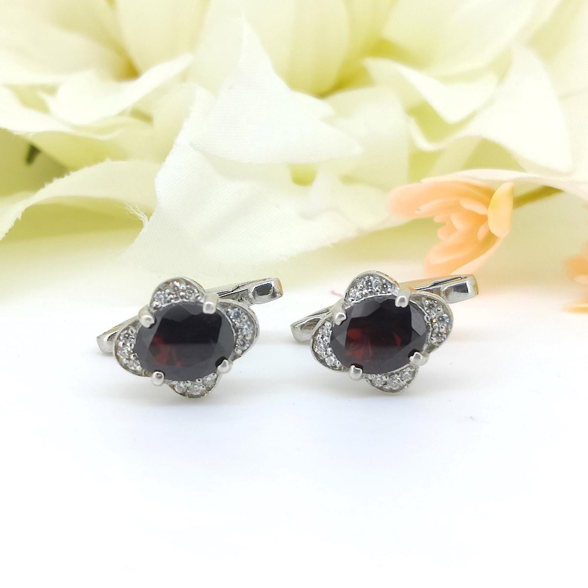 Garnet Sterling Silver Cufflinks, January Birthstone, Oval Red Gemstone, Geometric Men's Jewelry