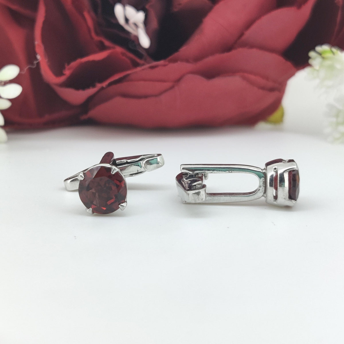 Natural Garnet Round Cut Cufflinks-925 Sterling Silver-January Birthstone-Red Garnet Jewelry-Minimalist Gemstone Cufflinks-Formal Men's Wear
