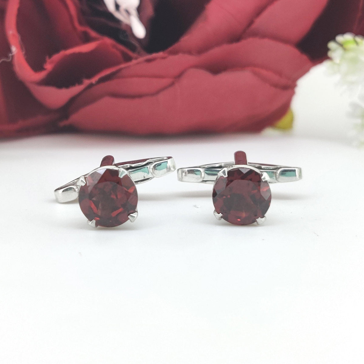 Natural Garnet Round Cut Cufflinks-925 Sterling Silver-January Birthstone-Red Garnet Jewelry-Minimalist Gemstone Cufflinks-Formal Men's Wear