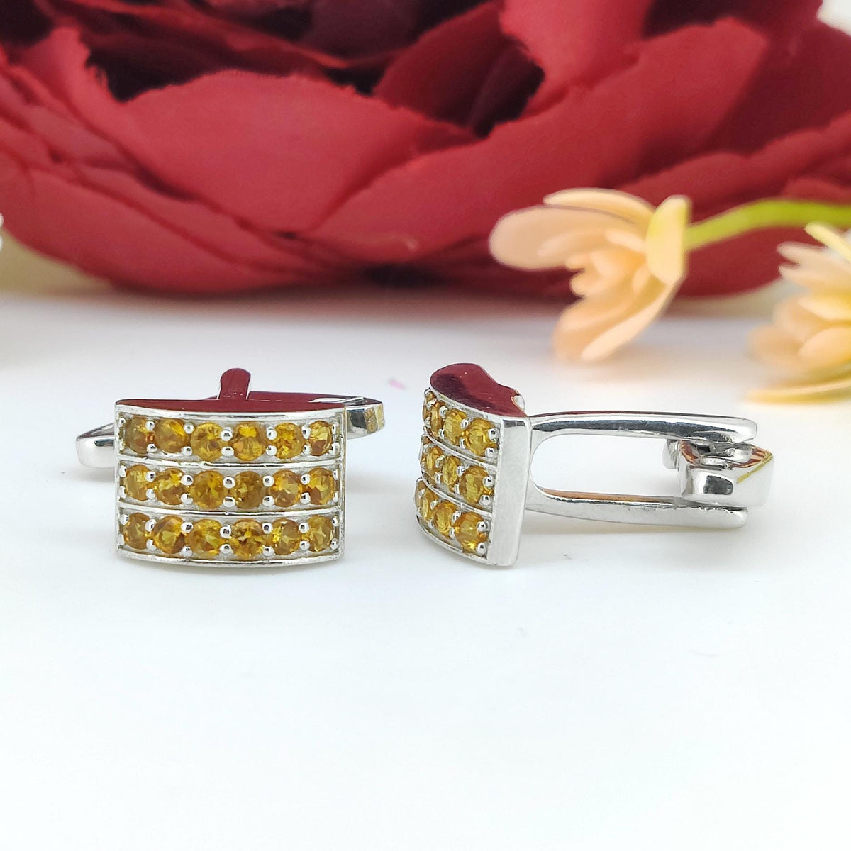 Natural Citrine Sterling Silver Cufflinks – Round Minimalist November Birthstone Jewelry