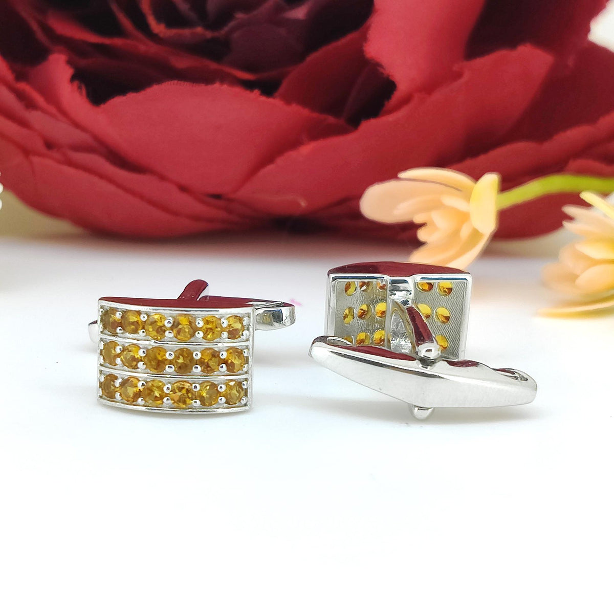 Natural Citrine Sterling Silver Cufflinks – Round Minimalist November Birthstone Jewelry