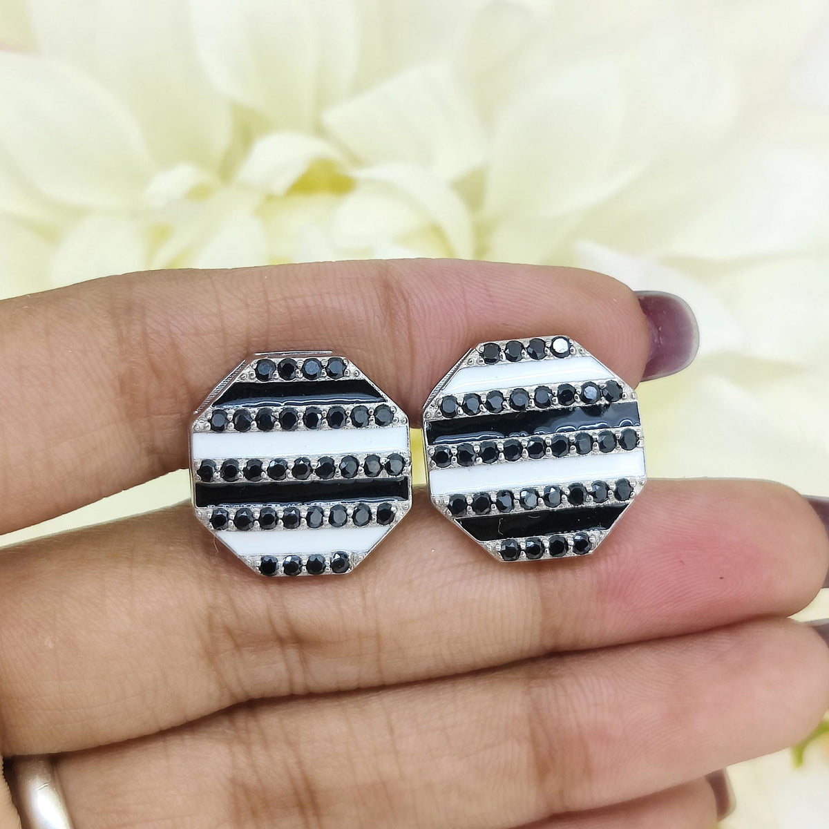 Natural Black Spinel Sterling Silver Cufflinks, Hexagon Shape Men's Jewelry, August Birthstone