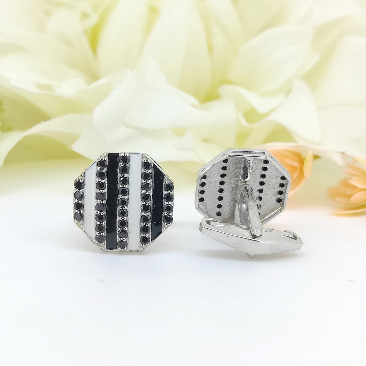 Natural Black Spinel Sterling Silver Cufflinks, Hexagon Shape Men's Jewelry, August Birthstone