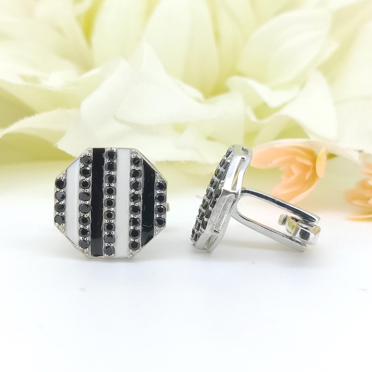 Natural Black Spinel Sterling Silver Cufflinks, Hexagon Shape Men's Jewelry, August Birthstone