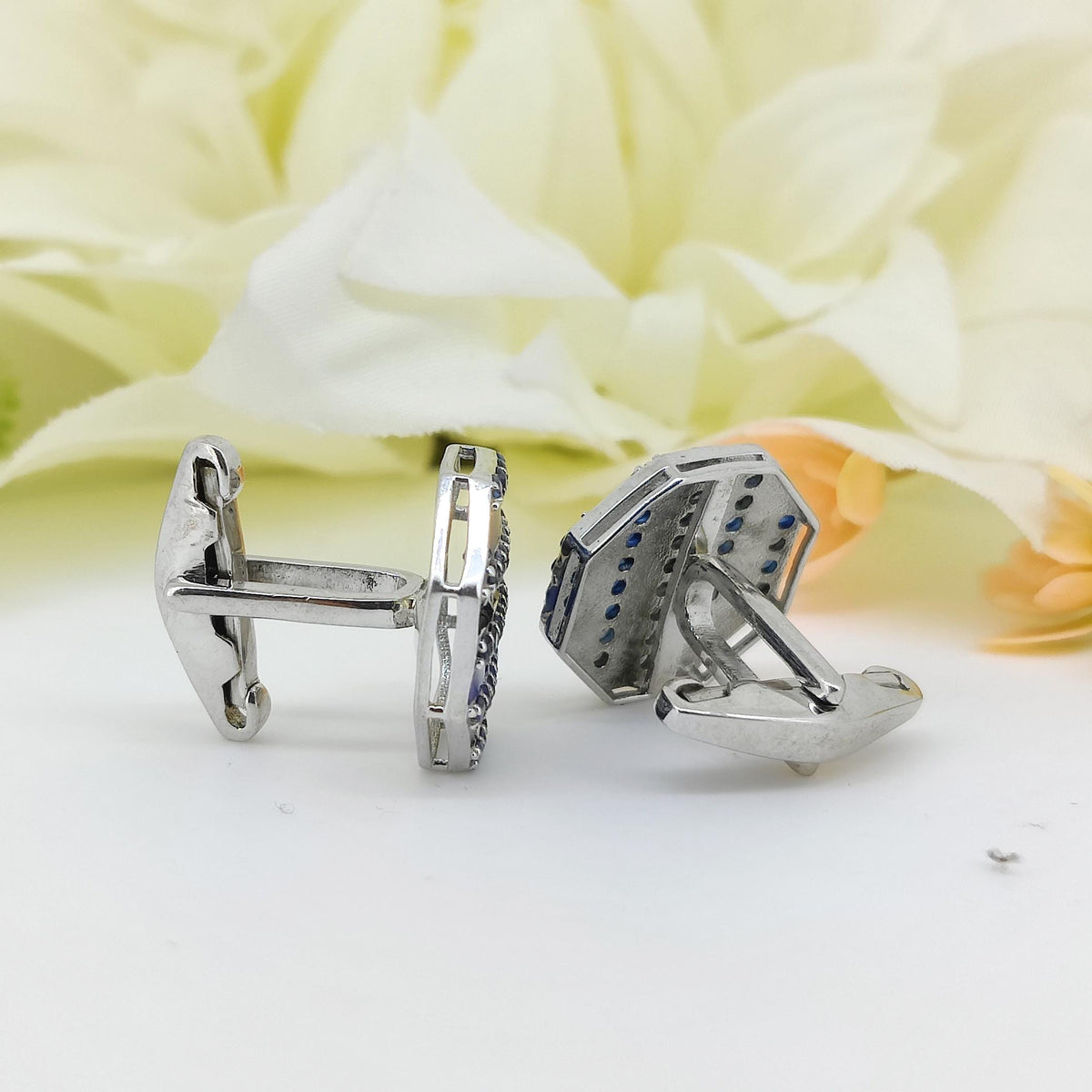 Blue Sapphire Enamel Cufflinks: Sterling Silver Hexagon Design