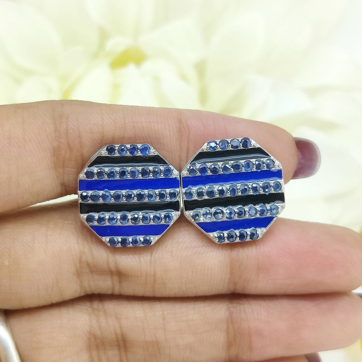 Blue Sapphire Enamel Cufflinks: Sterling Silver Hexagon Design