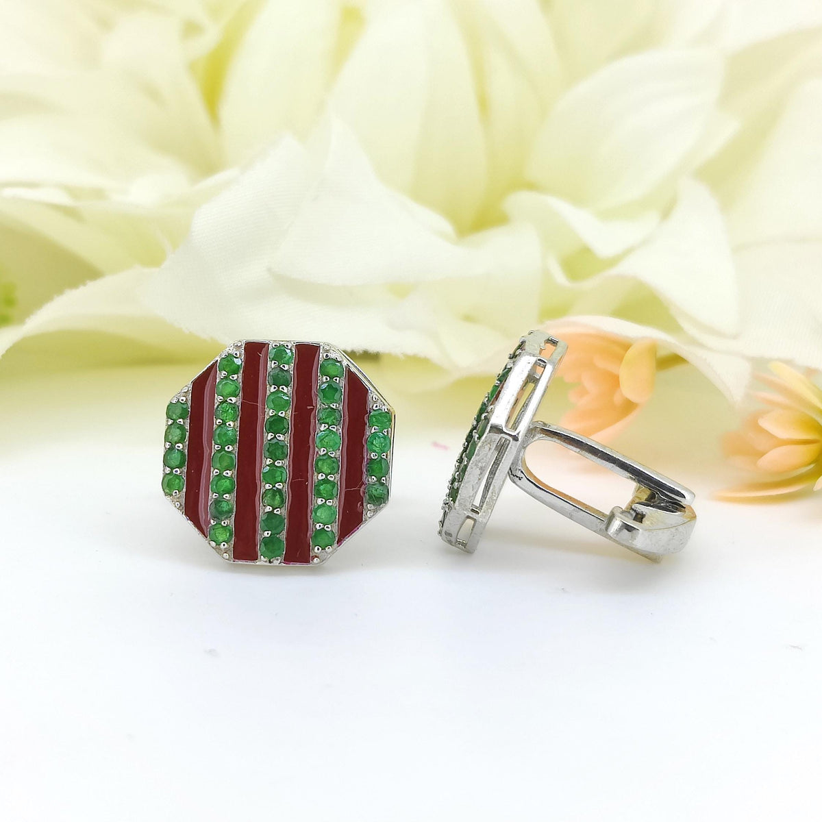 Natural Emerald Enamel Cufflinks-925 Sterling Silver-Gemstone Cufflinks-May Birthstone Jewelry-Anniversary Gifts-Minimalist Cufflinks