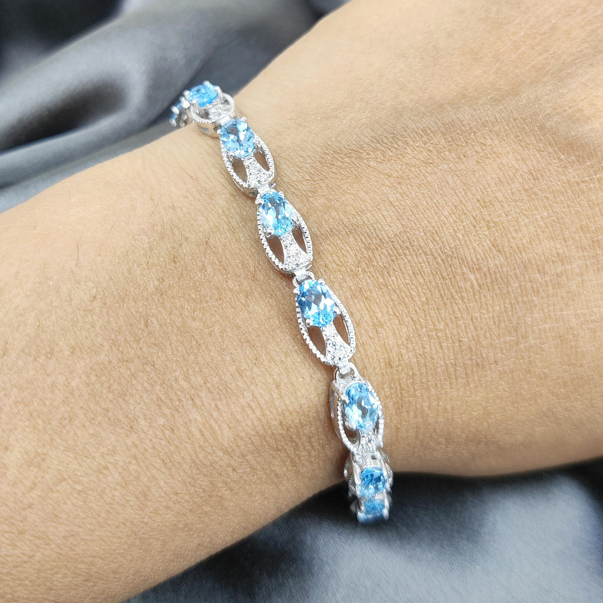 Swiss Blue Topaz Tennis Bracelet: Sterling Silver, December Birthstone, Handmade Gemstone Oval Jewelry