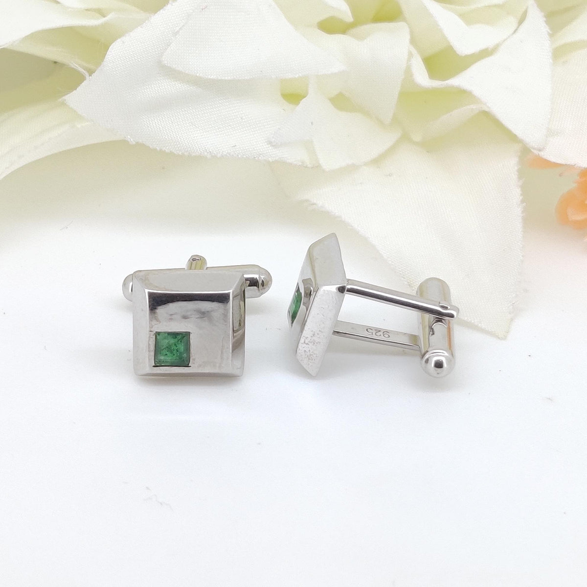 Minimalist Emerald Cufflinks, 925 Sterling Silver Square Gemstone Studs