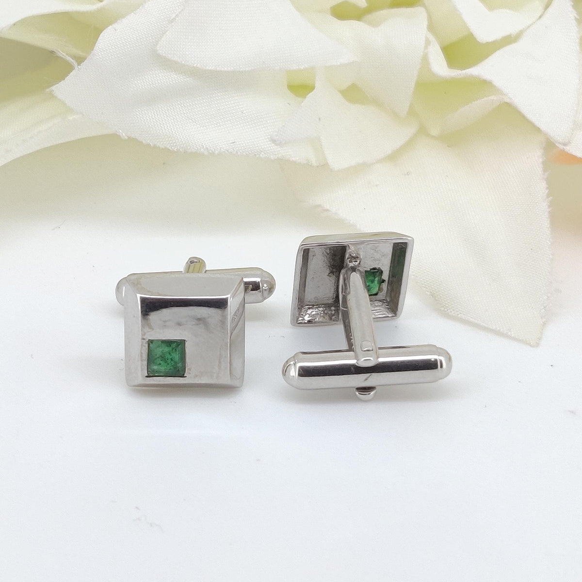 Minimalist Emerald Cufflinks, 925 Sterling Silver Square Gemstone Studs