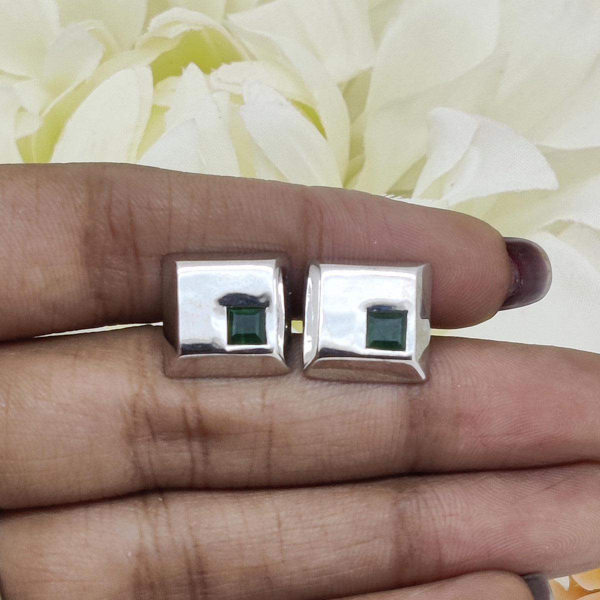 Minimalist Emerald Cufflinks, 925 Sterling Silver Square Gemstone Studs