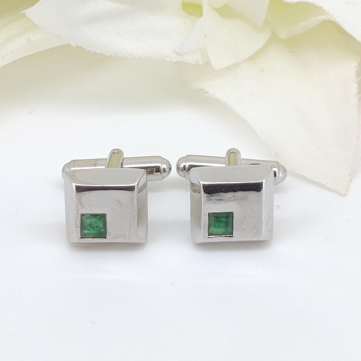 Minimalist Emerald Cufflinks, 925 Sterling Silver Square Gemstone Studs