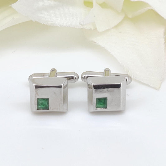 Minimalist Emerald Cufflinks, 925 Sterling Silver Square Gemstone Studs