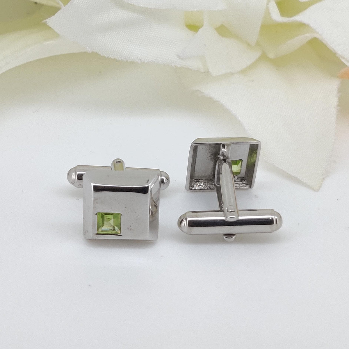 Peridot Cufflinks- Sterling Silver Handmade Square Gemstone, August Birthstone