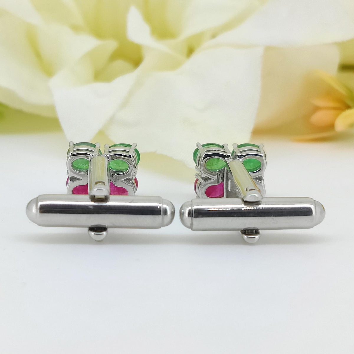 Genuine Ruby Emerald Cufflinks, 925 Silver Oval Gemstone Studs, July May Birthstone Jewelry