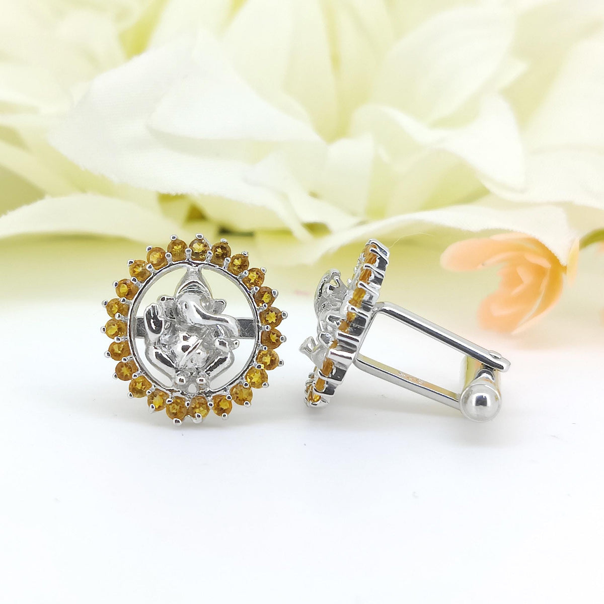 Sterling Silver Citrine Ganesha Cufflinks, Indian Wedding Groom Jewelry, November Birthstone Studs