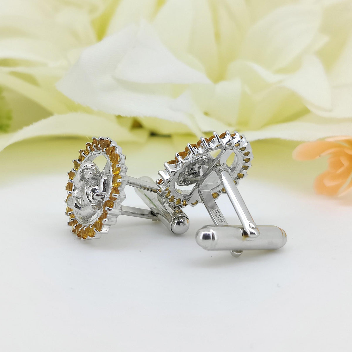 Sterling Silver Citrine Ganesha Cufflinks, Indian Wedding Groom Jewelry, November Birthstone Studs