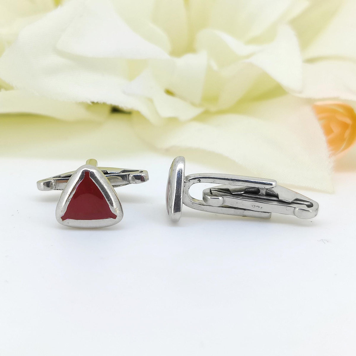 Minimalist Red Enamel Triangle Cufflinks, Sterling Silver Formal Jewelry (CUFF-400)