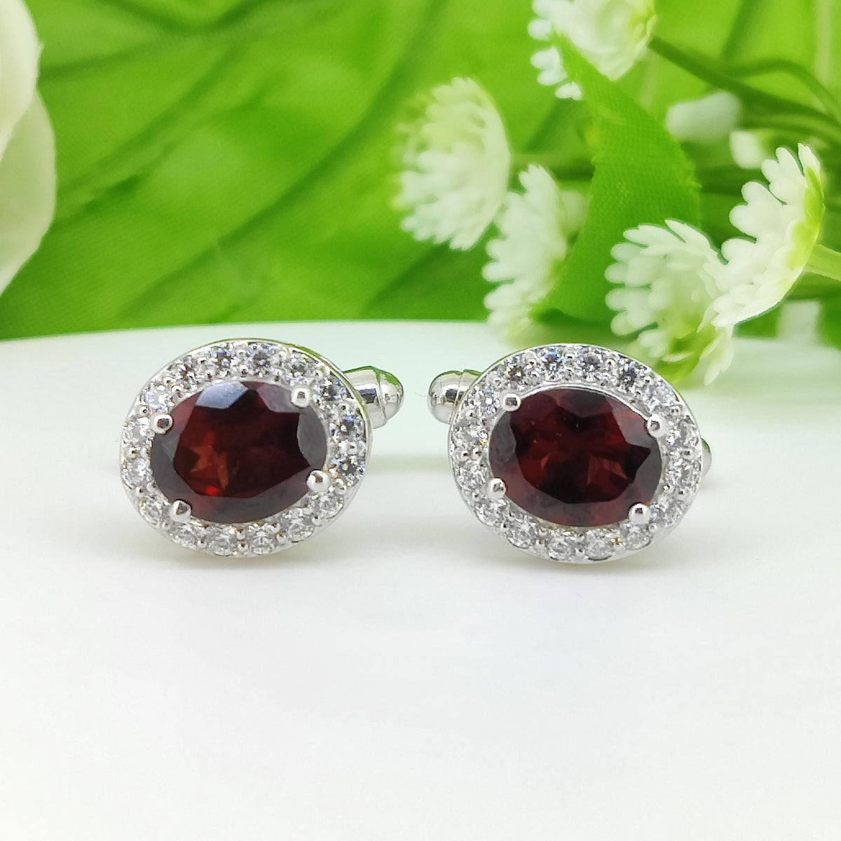 Natural Garnet Sterling Silver Cufflinks, Halo Cluster Men's Jewelry (January Birthstone)