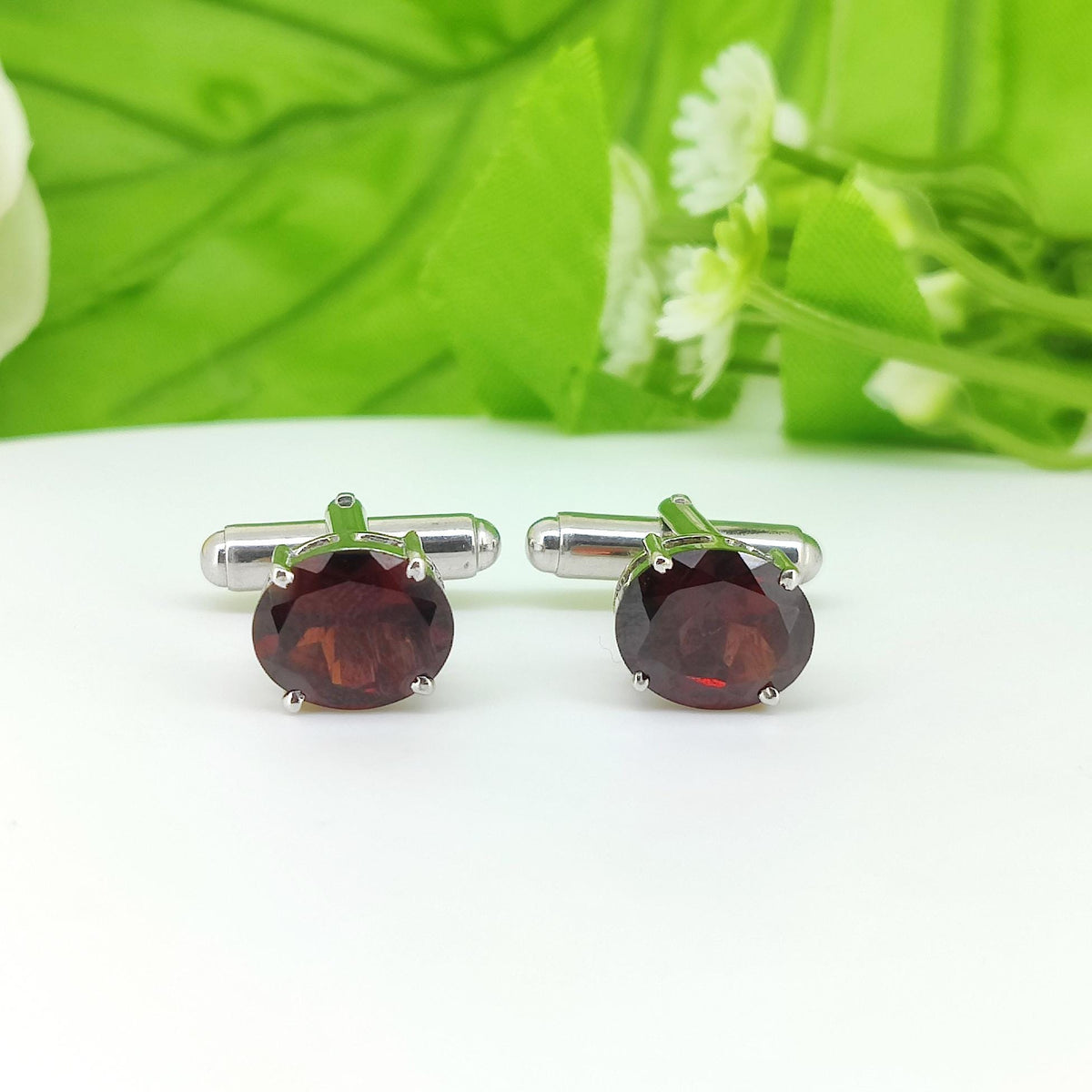 Oval Garnet Cufflinks, 925 Sterling Silver, January Birthstone, Men's Formal Accessories