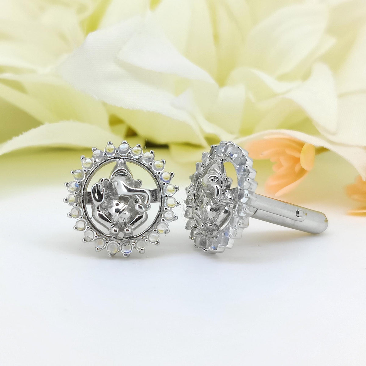 Sterling Silver Ganesha Cufflinks, Rainbow Moonstone, Hindu Groom Jewelry, June Birthstone Gift