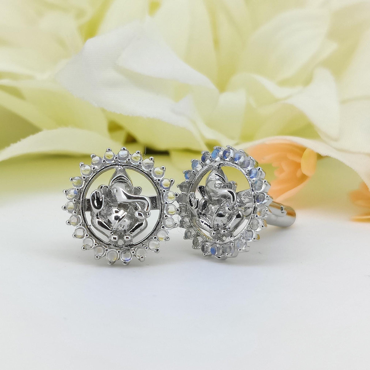 Sterling Silver Ganesha Cufflinks, Rainbow Moonstone, Hindu Groom Jewelry, June Birthstone Gift