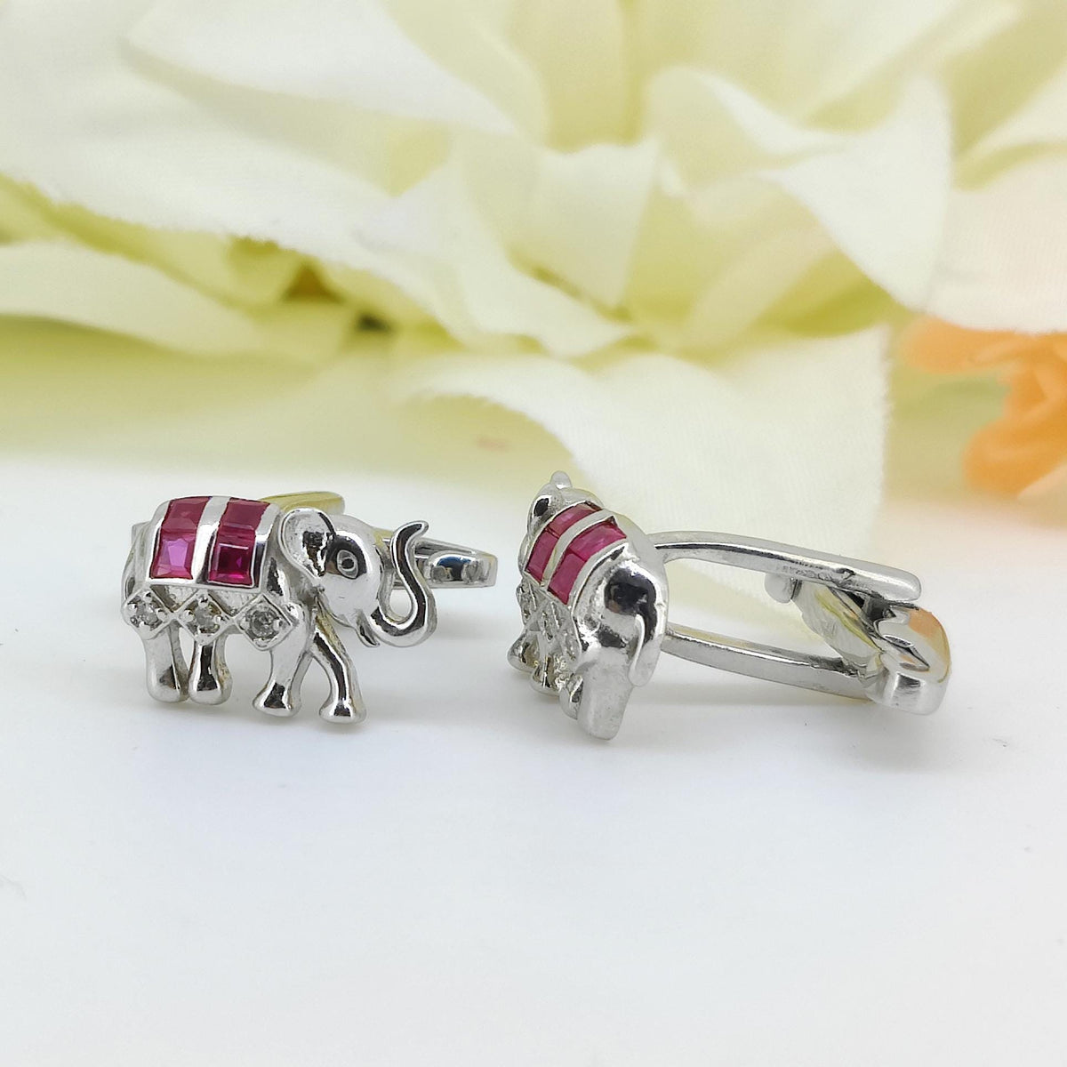 Natural Ruby Elephant Cufflinks, Sterling Silver, July Birthstone, Animal Jewelry