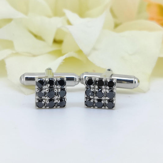 Sterling Silver Black Cubic Zirconia Cufflinks, Square Cut Formal Jewelry